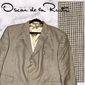 Oscar de la Renta Blazer Mens 56R Tan Silk Wool Houndstooth Designer Sport Coat